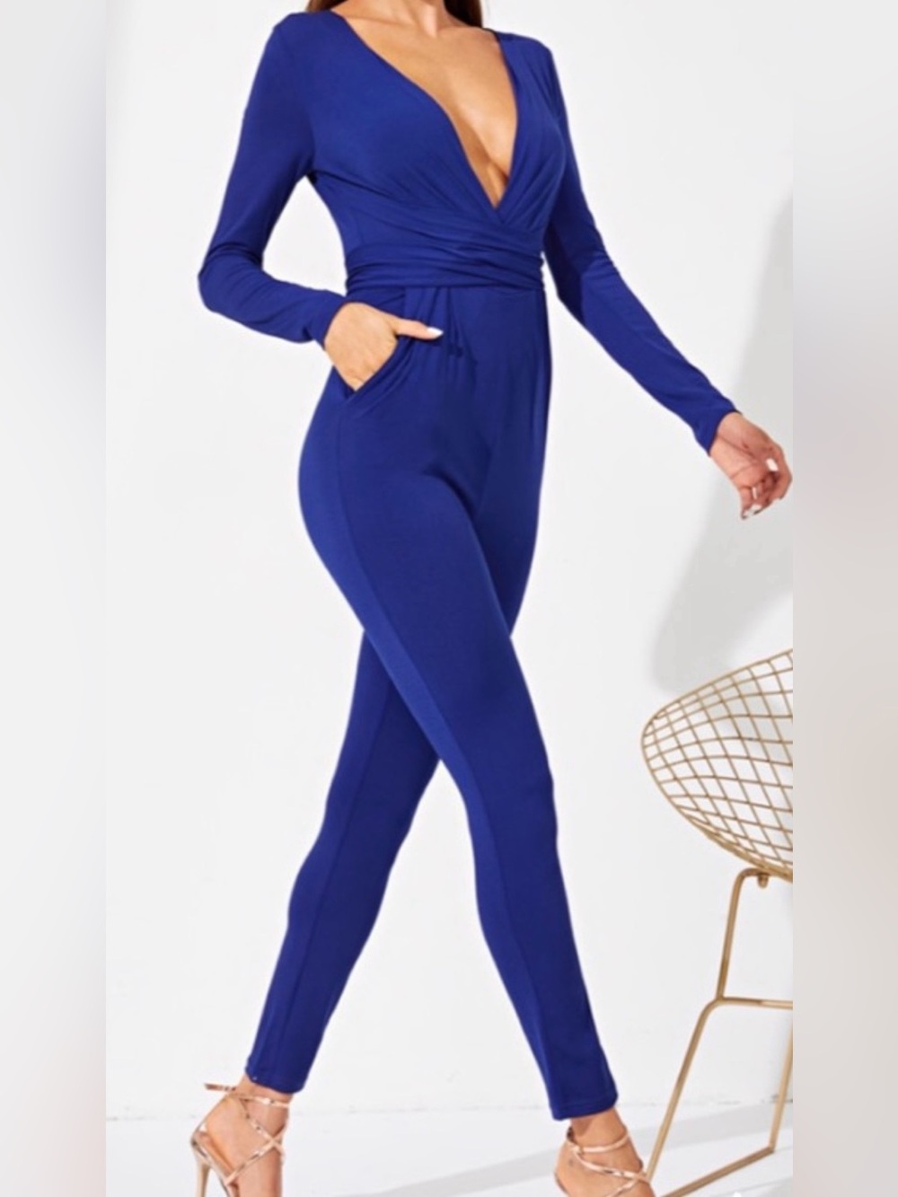 Sexy Royal Plunge Neck Jumpsuit
